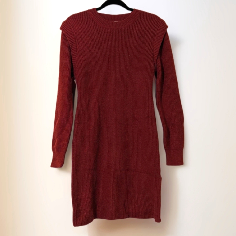 Burgundy Ribbed Sweater Dress with Long Cuffed Sleeves